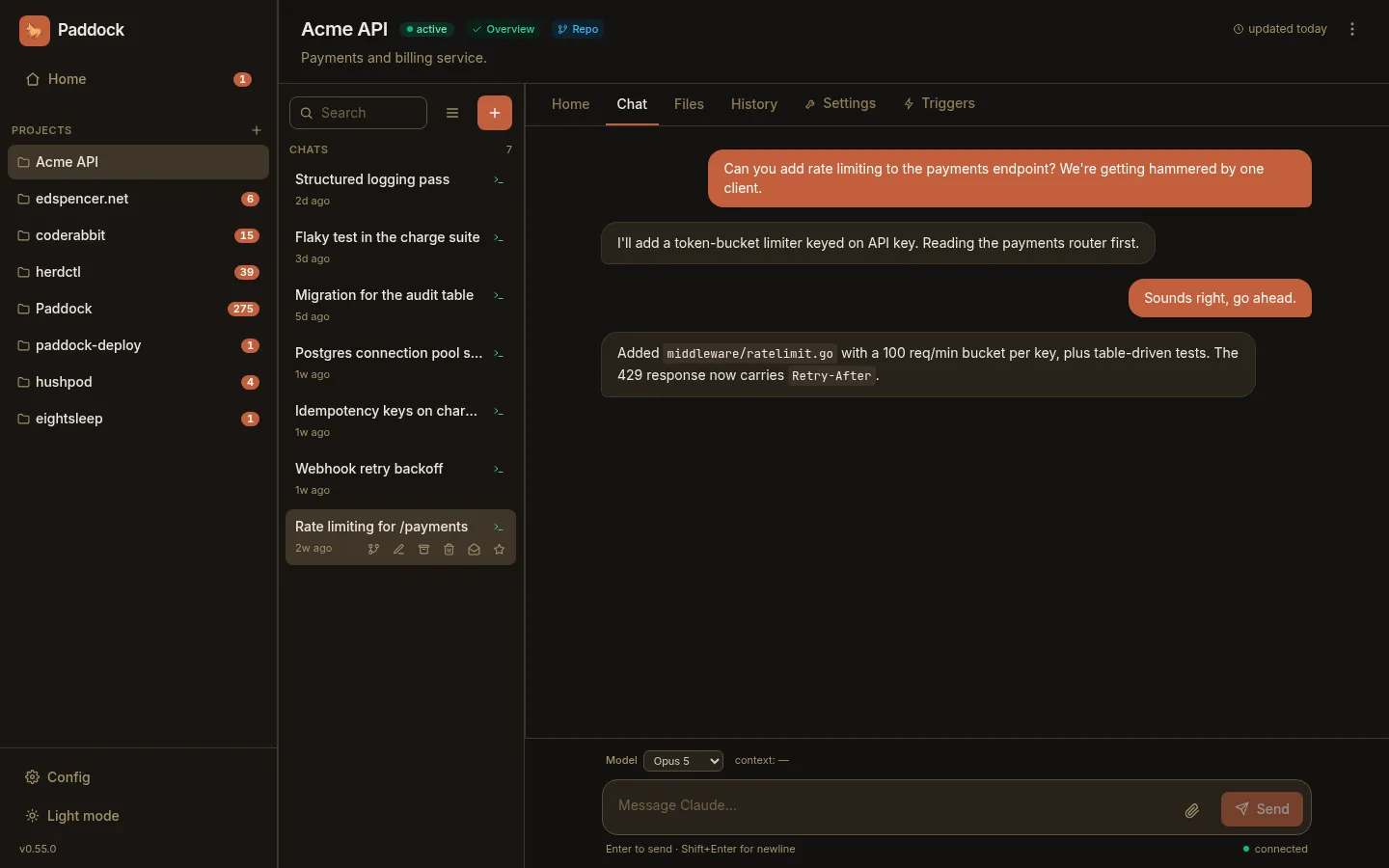 An imported chat open in Paddock. Every row in the chat list carries a small terminal icon marking it as imported, and the message box below reads "Message Claude…"